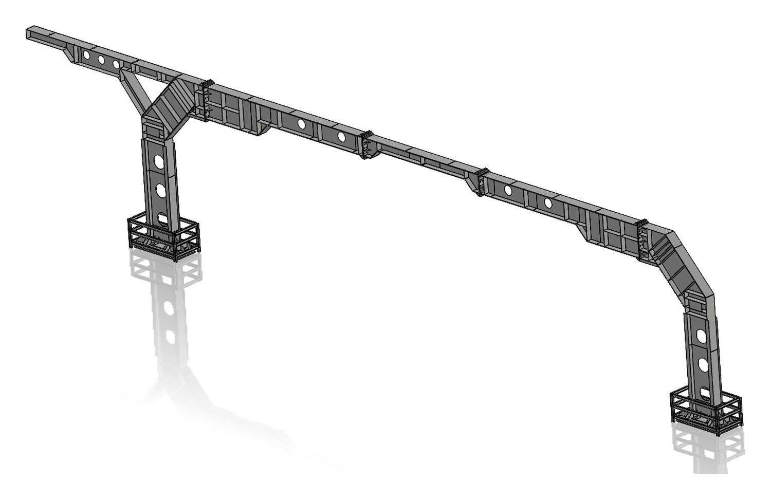 Modelo 3D de estrutura metálica de grande vão com pilares e bases.