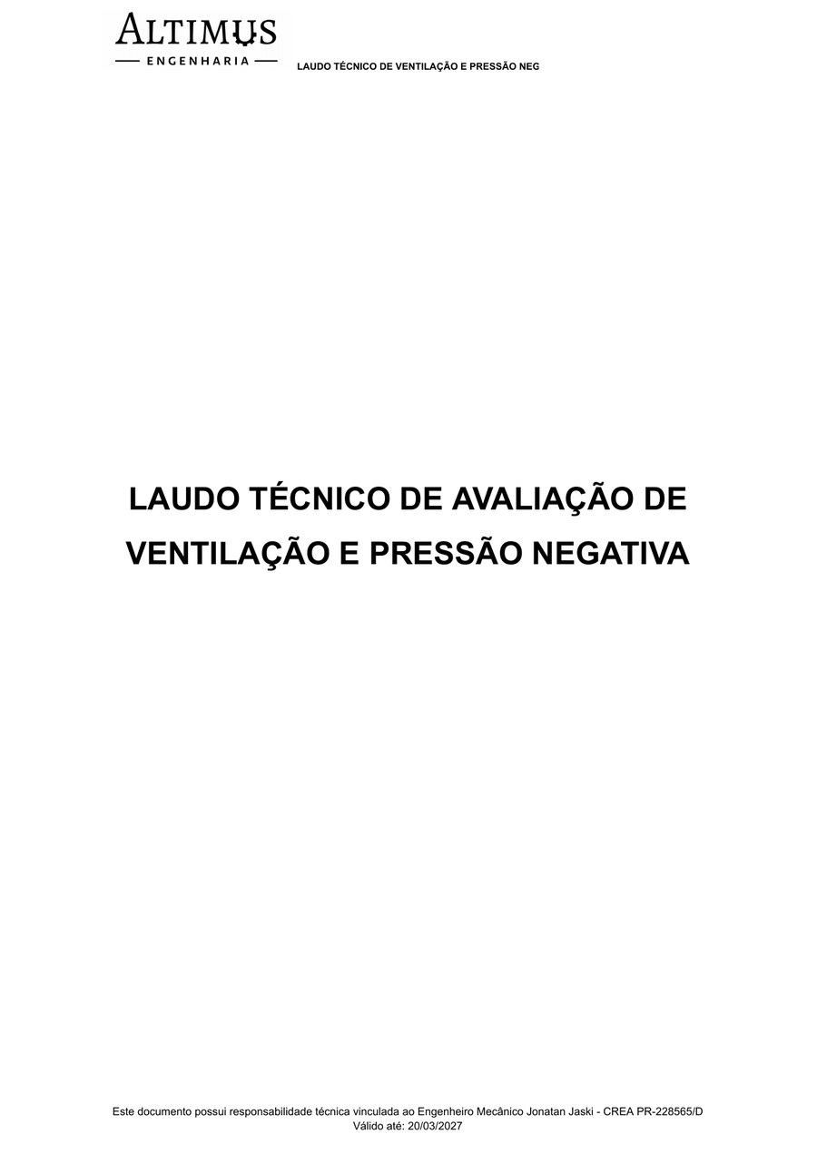 Capa do laudo técnico de avaliação de ventilação e pressão negativa emitido pela Altimus Engenharia.