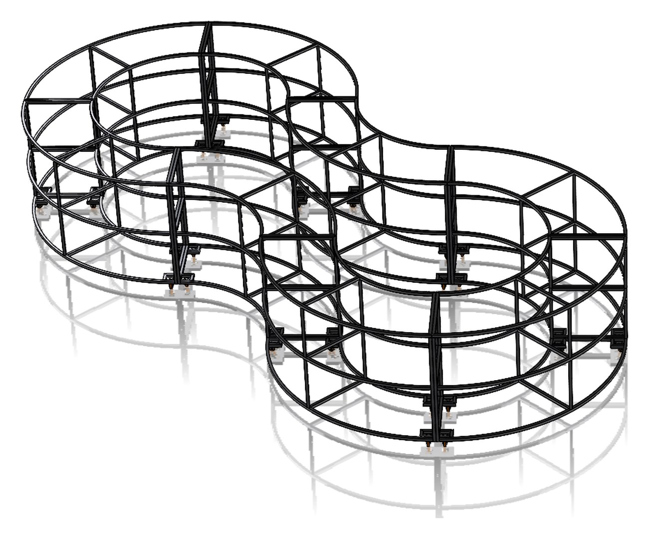 Modelo 3D de estrutura tubular em formato de infinito para mesa em blocos móveis.
