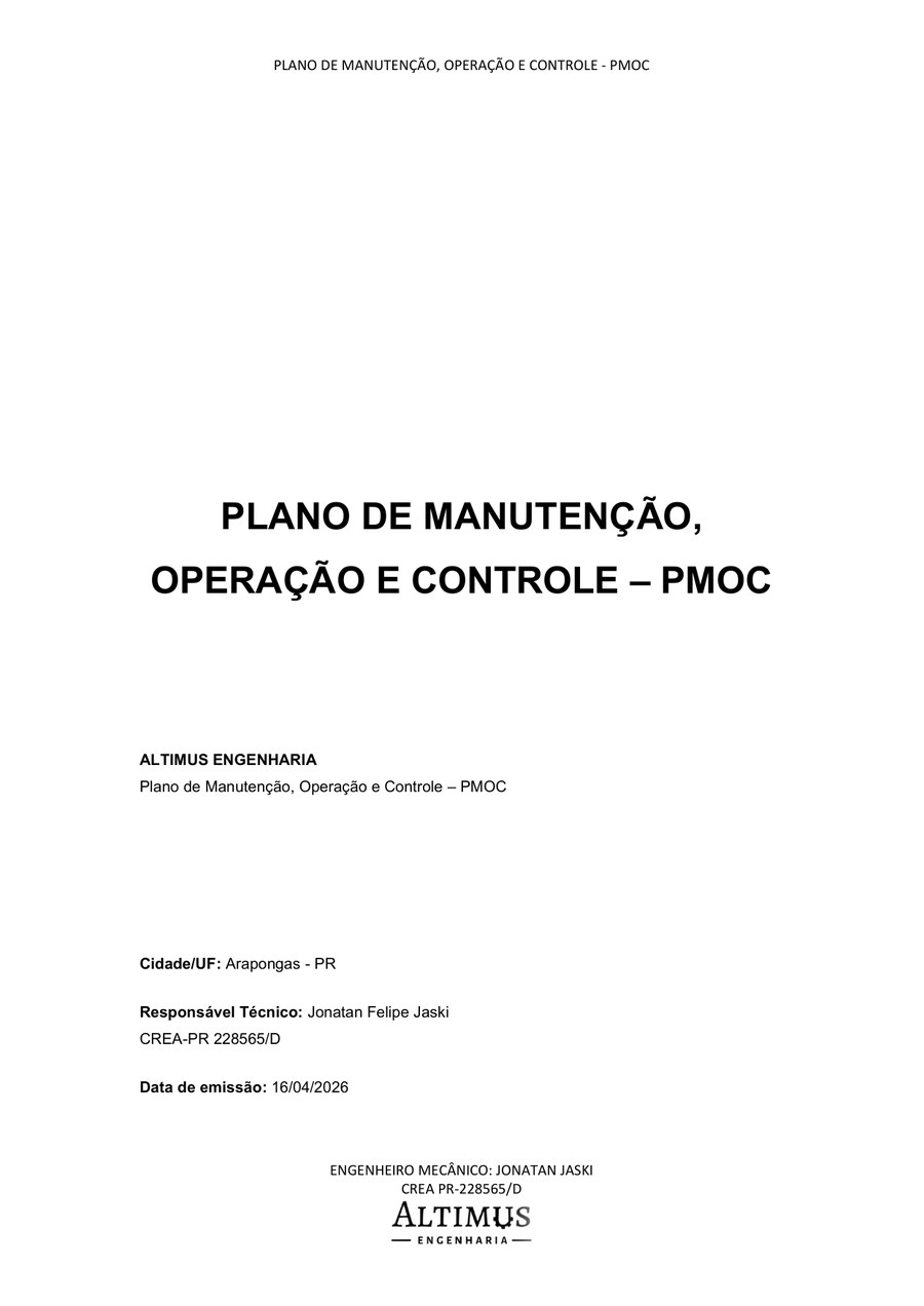 Capa do Plano de Manutenção, Operação e Controle elaborado pela Altimus Engenharia.
